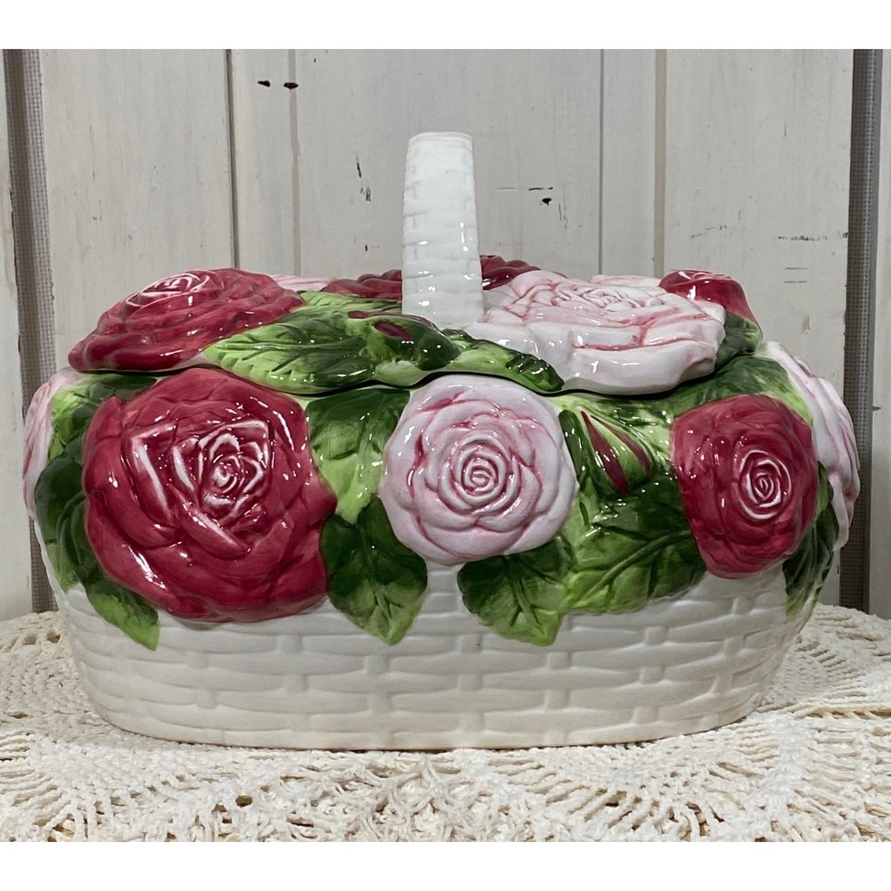 Vintage KMC Ceramic Rose Basket Tureen Cookie Jar Floral Majolica Cottagecore
